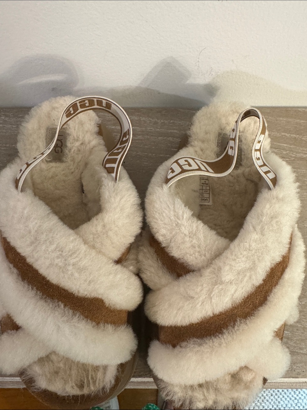 UGG Chestnut and Cream Fluff Flip Flop Slippers with Logo Strap - Picture 11 of 12